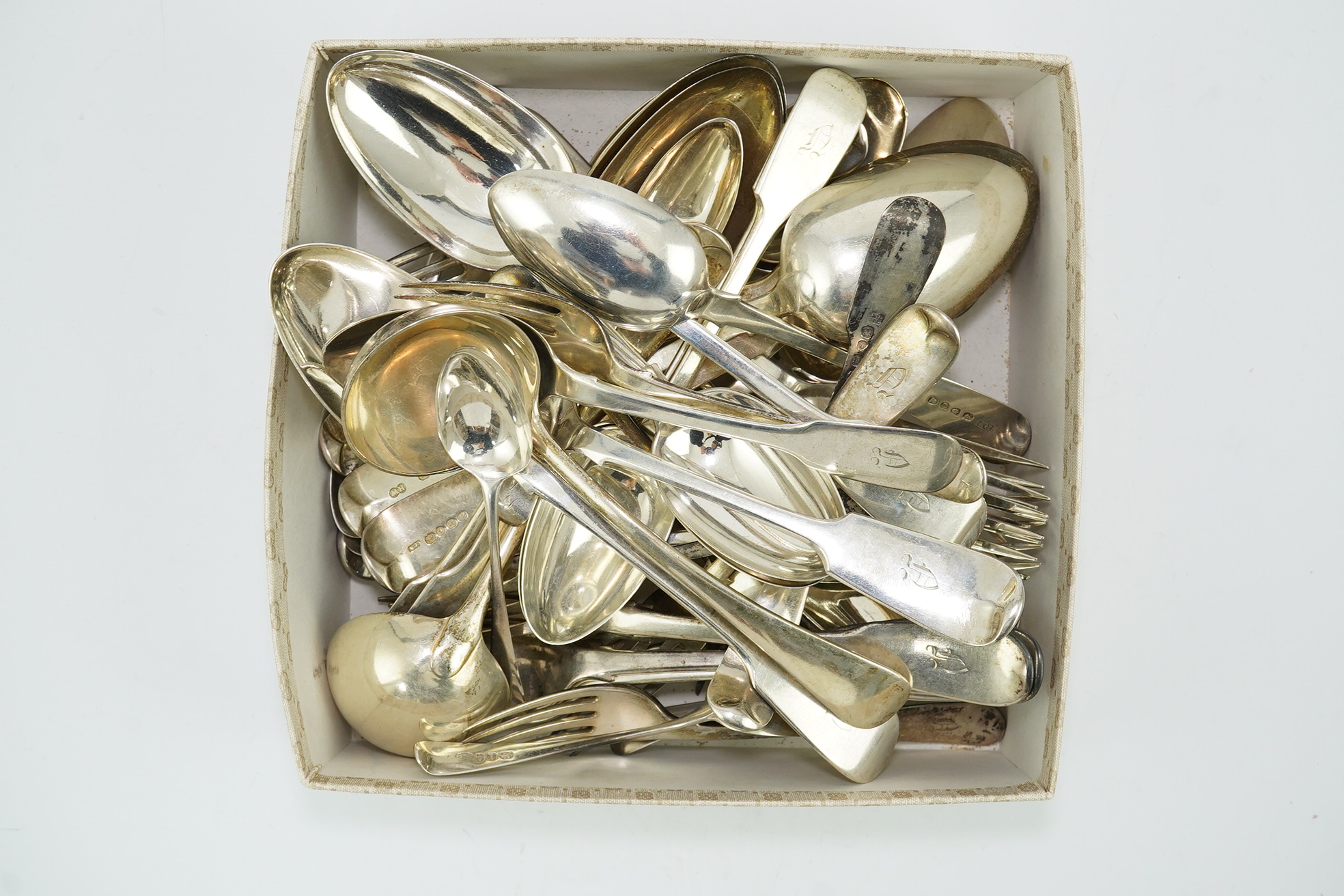 A quantity of assorted mainly 19th century flatware, various patterns, dates and makers including a set of six fiddle pattern table forks by John Stone, Exeter, 1859